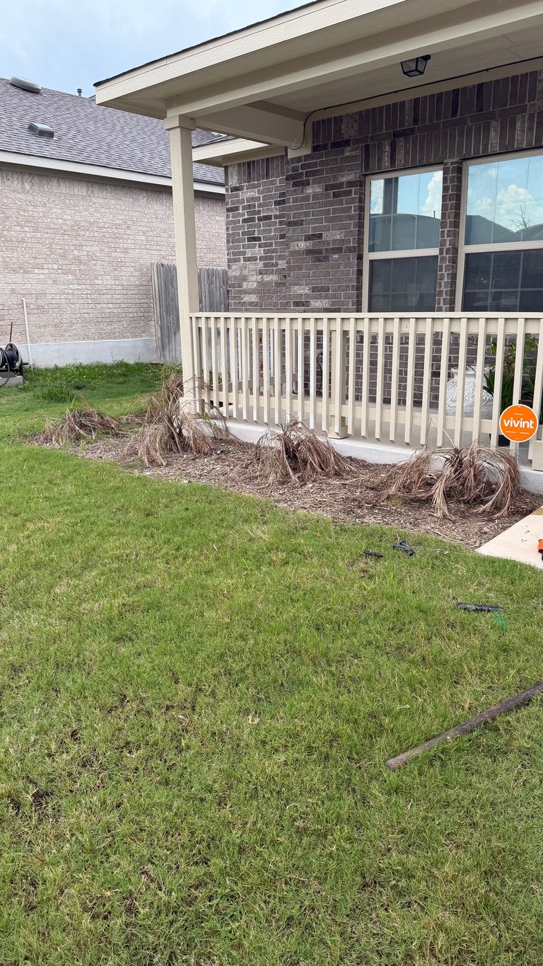 Front porch of brick home with white railings, landscaping with mulch and dormant shrubs, green lawn