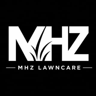 MHZ Lawncare logo featuring bold white letters with grass blade design on black background