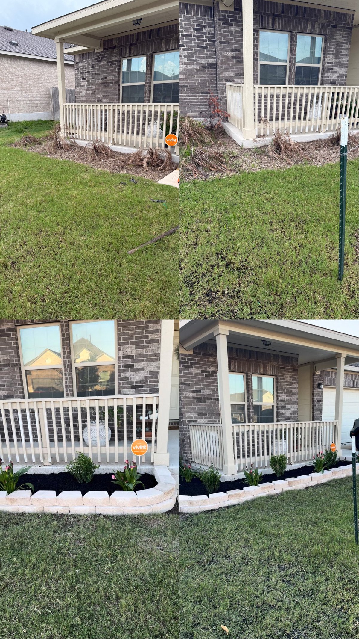 Before and after landscaping transformation of brick home exterior with newly mulched garden beds and white railing porch